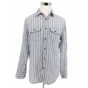 Banana Republic Mens L Flax Linen Button Front Shirt Striped Long Sleeve Blue